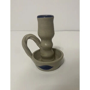 Vintage Williamsburg Pottery Factory Salt Glazed Candleholder Gray w/Cobalt Blue